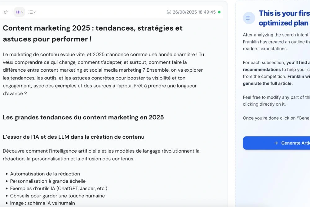 Asking Franklin writes you an optimized SEO article plan